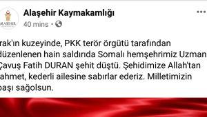 Alaşehir Kaymakamı Abdullah Uçgun, Soma Şehidi İçin Taziye Mesajı Yayınladı