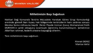 Manisa Valisi Ahmet Deniz, Şehit İçin Taziye Mesajı Yayınladı